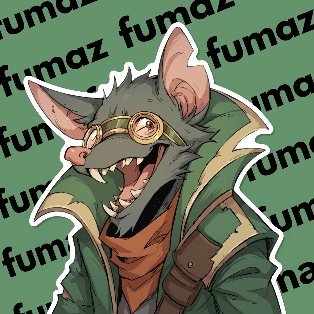 Ilustração do Fumaz, o rato de óculos e casaco verde, rindo