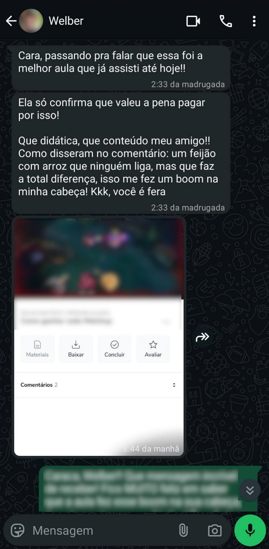 Print de WhatsApp: aluno diz que foi a melhor aula que já assistiu