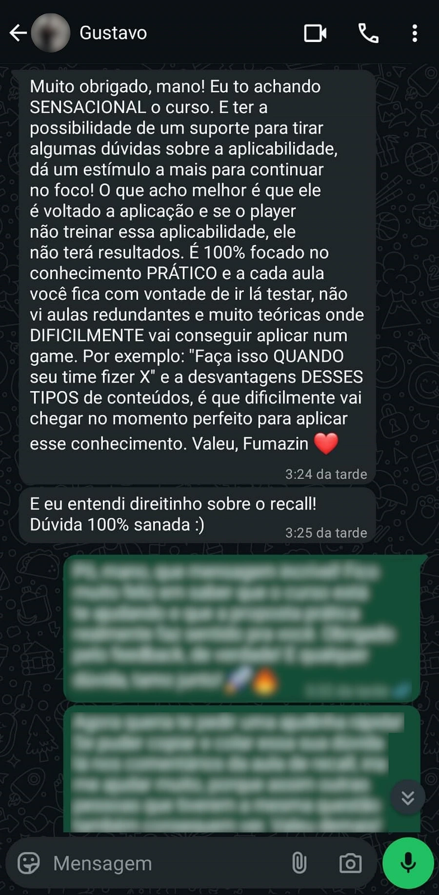 Print de WhatsApp: aluno chama o curso de sensacional e 100% focado no conhecimento prático