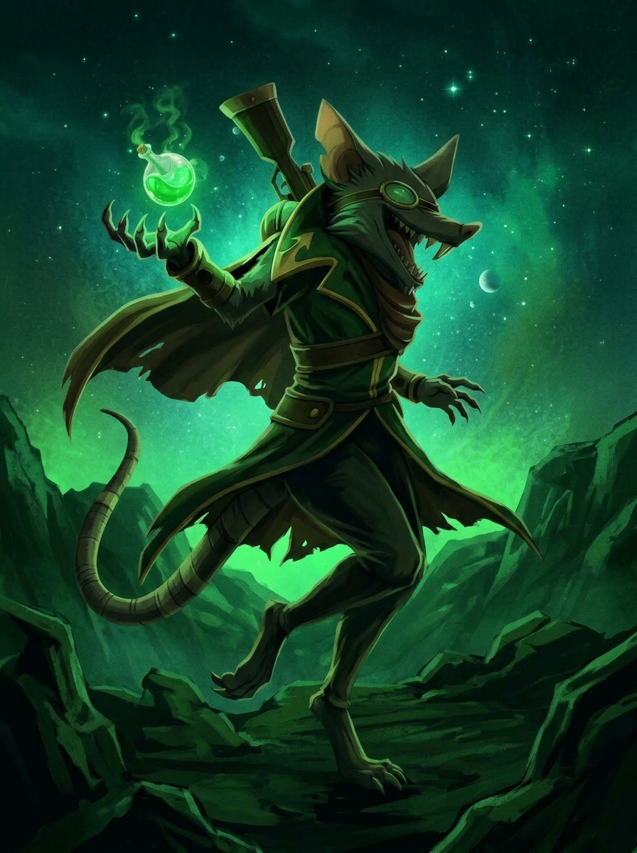 Ilustração do Fumaz, o rato de casaco verde, segurando uma poção